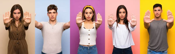 Gruppe Von Menschen Über Bunten Hintergrund Machen Stop Geste Und — Stockfoto