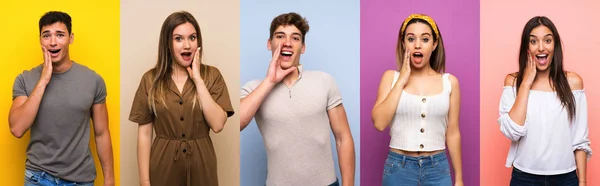 Set People Colorful Background Surprise Shocked Facial Expression — Stock Photo, Image