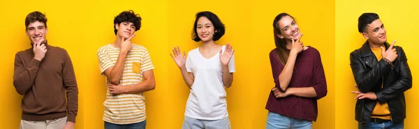 Uppsättning Människor Över Isolerade Gul Bakgrund Leende — Stockfoto