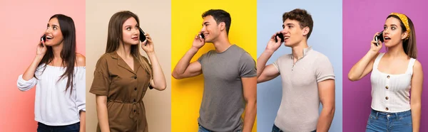 Conjunto Pessoas Sobre Fundo Colorido Mantendo Uma Conversa Com Telefone — Fotografia de Stock