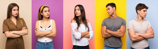 Conjunto Pessoas Sobre Retrato Fundo Colorido — Fotografia de Stock