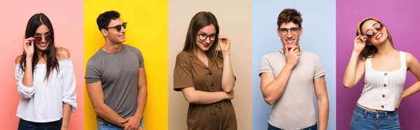 Conjunto Personas Sobre Fondo Colorido Con Gafas Sonriendo — Foto de Stock