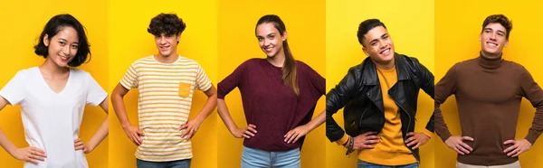 Conjunto Pessoas Sobre Fundo Amarelo Isolado Posando Com Braços Quadril — Fotografia de Stock