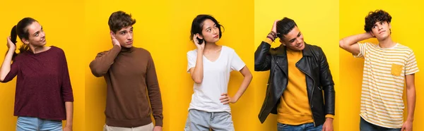 Set of people over isolated yellow background thinking an idea