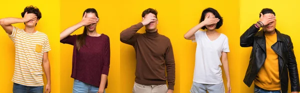 Set of people over isolated yellow background covering eyes by hands. Do not want to see something