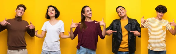 Conjunto Pessoas Sobre Fundo Amarelo Isolado Orgulhoso Auto Satisfeito — Fotografia de Stock