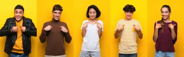 Conjunto Pessoas Sobre Fundo Amarelo Isolado Com Expressão Facial Surpresa — Fotografia de Stock