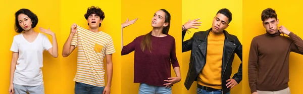 Set of people over isolated yellow background with tired and sick expression