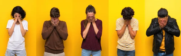 Menschen Auf Isoliertem Gelben Hintergrund Mit Müdem Und Krankem Gesichtsausdruck — Stockfoto