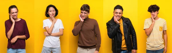 Set of people over isolated yellow background with toothache