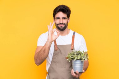 Sarı arka planda sakallı bahçıvan, parmaklarıyla 