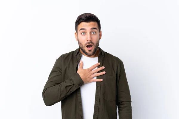 Jeune Homme Beau Avec Barbe Sur Fond Blanc Isolé Surpris — Photo