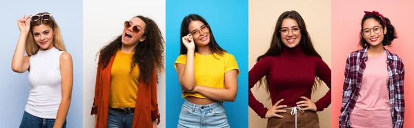 Ensemble Femmes Sur Fond Coloré Isolé Avec Des Lunettes Heureux — Photo