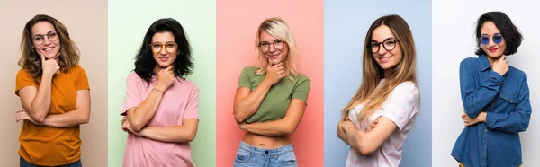 Set Donne Sfondo Colorato Isolato Con Occhiali Sorridente — Foto Stock