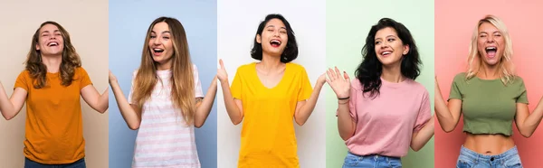 Ensemble Femmes Sur Fond Coloré Isolé Souriant Beaucoup — Photo