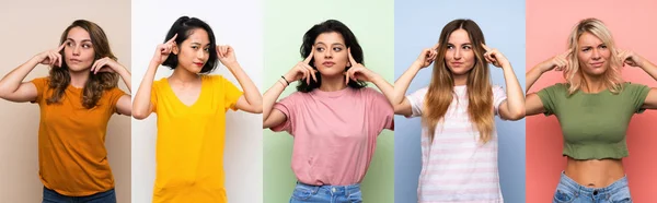 Ensemble Femmes Sur Fond Coloré Isolé Ayant Des Doutes Pensée — Photo