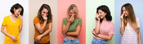 Set Donne Sfondo Colorato Isolato Sorridente Molto — Foto Stock