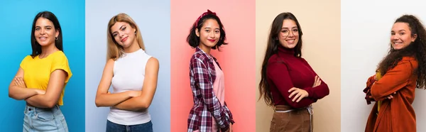 Conjunto Mujeres Sobre Fondo Colorido Aislado Con Los Brazos Cruzados —  Fotos de Stock