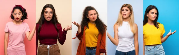 Conjunto Mujeres Sobre Fondo Colorido Aislado Haciendo Gesto Dudas —  Fotos de Stock