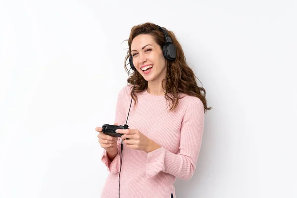 Jonge Mooie Vrouw Geïsoleerde Achtergrond Spelen Videogames — Stockfoto