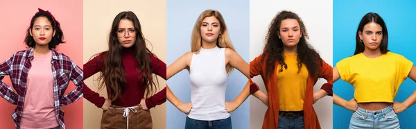 Conjunto Mujeres Sobre Fondo Colorido Aislado Enojado —  Fotos de Stock