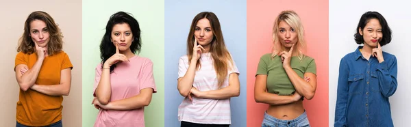 Uppsättning Kvinnor Över Isolerade Färgglada Bakgrund Ser Fram Emot — Stockfoto