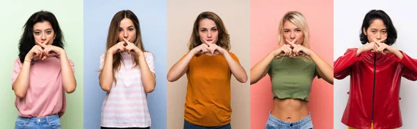 Rengarenk Arka Planda Bir Grup Kadın Sessizlik Işareti Gösteriyor — Stok fotoğraf