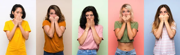 Conjunto Mujeres Sobre Fondo Colorido Aislado Nervioso Asustado Poniendo Las —  Fotos de Stock