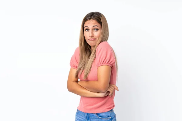 Young Blonde Woman Isolated White Background Making Doubts Gesture While — ストック写真