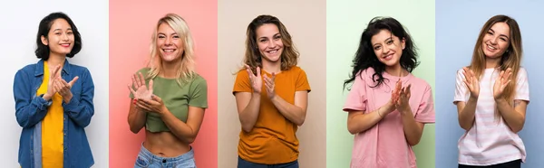 Set Donne Sfondo Colorato Isolato Applaudendo Dopo Presentazione Una Conferenza — Foto Stock