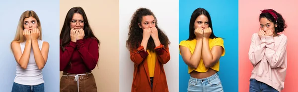 Conjunto Mujeres Sobre Fondo Colorido Aislado Nervioso Asustado Poniendo Las — Foto de Stock