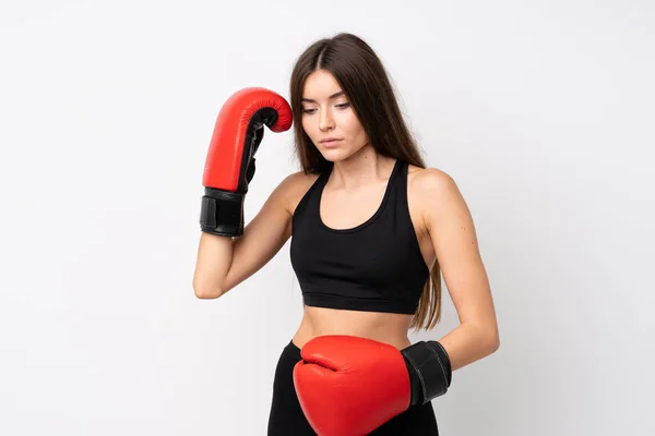 Jonge Sport Vrouw Geïsoleerde Witte Achtergrond Met Bokshandschoenen — Stockfoto