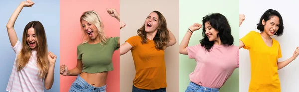 Conjunto Mujeres Sobre Fondo Colorido Aislado Celebrando Una Victoria —  Fotos de Stock