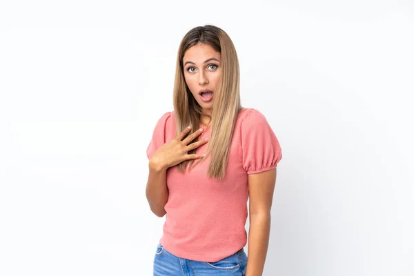 Young Blonde Woman Isolated White Background Surprised Shocked While Looking — Stock Photo, Image