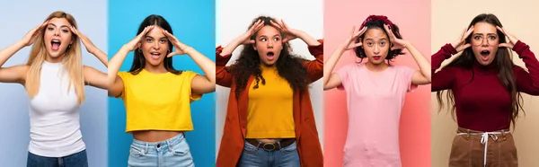 Conjunto Mujeres Sobre Fondo Colorido Aislado Con Expresión Sorpresa —  Fotos de Stock