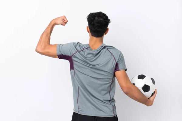 Joven Argentino Sobre Fondo Blanco Aislado Con Pelota Fútbol —  Fotos de Stock