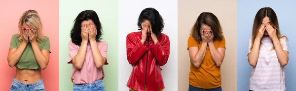 피곤하고 표정으로 배경을 일련의 여성들 — 스톡 사진