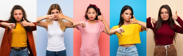 Conjunto Mujeres Sobre Fondo Colorido Aislado Haciendo Buena Mala Señal — Foto de Stock