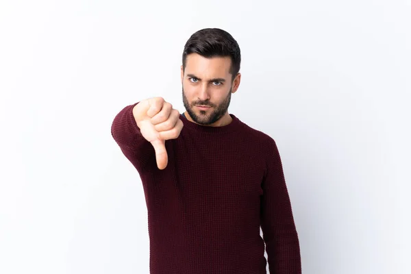 Joven Hombre Guapo Con Barba Sobre Fondo Blanco Aislado Mostrando — Foto de Stock