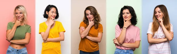 Set Van Vrouwen Geïsoleerde Kleurrijke Achtergrond Kijken Naar Zijkant — Stockfoto