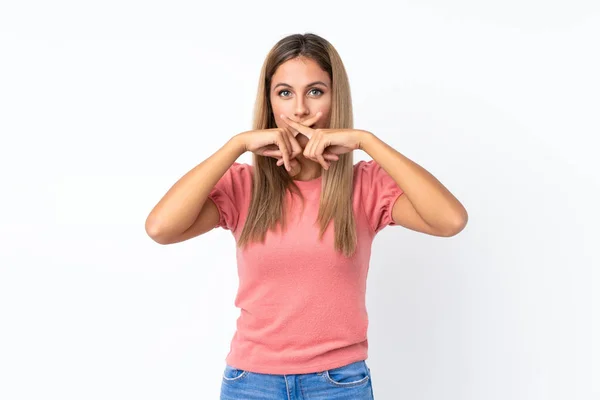 Young Blonde Woman Isolated White Background Showing Sign Silence Gesture — ストック写真
