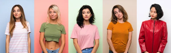 Conjunto Mujeres Sobre Fondo Colorido Aislado Haciendo Dudas Gesto Mirando — Foto de Stock