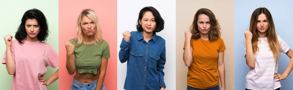 Set Van Vrouwen Geïsoleerde Kleurrijke Achtergrond Met Boos Gebaar — Stockfoto