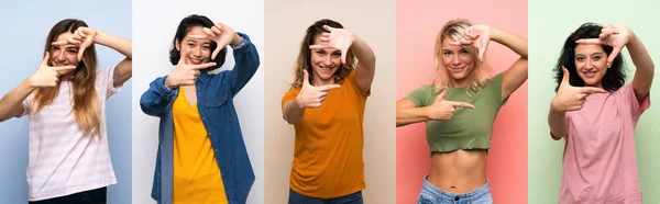 Conjunto Mulheres Sobre Fundo Colorido Isolado Focando Rosto Símbolo Enquadramento — Fotografia de Stock