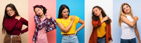 Conjunto Mujeres Sobre Fondo Colorido Aislado Que Sufren Dolor Hombro — Foto de Stock