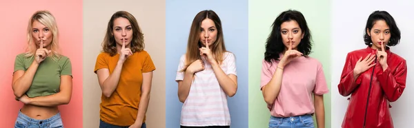 Set Donne Sfondo Colorato Isolato Mostrando Segno Silenzio Gesto Mettendo — Foto Stock