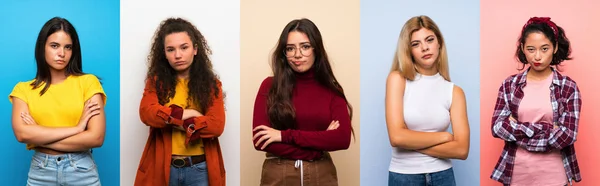 Conjunto Mujeres Sobre Fondo Colorido Aislado Sentimiento Molesto — Foto de Stock