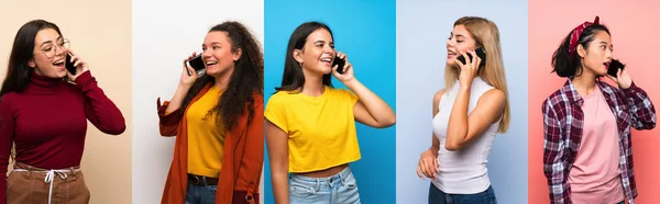 Rengarenk Bir Geçmişi Olan Bir Grup Kadın Cep Telefonuyla Sohbet — Stok fotoğraf