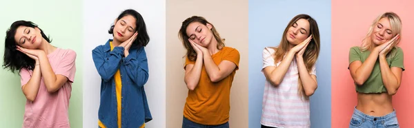 Rengarenk Arka Plan Üzerinde Uyku Jesti Yapan Bir Grup Kadın — Stok fotoğraf