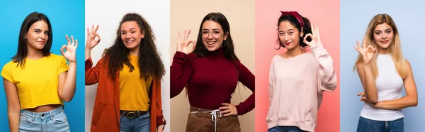 Conjunto Mujeres Sobre Fondo Colorido Aislado Mostrando Signo Con Los —  Fotos de Stock